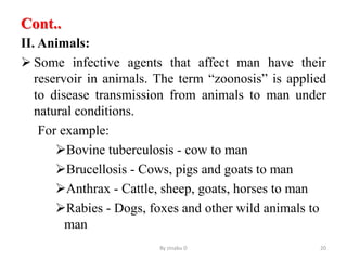 Cont..
II. Animals:
 Some infective agents that affect man have their
reservoir in animals. The term “zoonosis” is applied
to disease transmission from animals to man under
natural conditions.
For example:
Bovine tuberculosis - cow to man
Brucellosis - Cows, pigs and goats to man
Anthrax - Cattle, sheep, goats, horses to man
Rabies - Dogs, foxes and other wild animals to
man
By zinabu D 20
 
