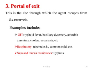 3. Portal of exit
This is the site through which the agent escapes from
the reservoir.
Examples include:
 GIT: typhoid fever, bacillary dysentery, amoebic
dysentery, cholera, ascariasis, etc
Respiratory: tuberculosis, common cold, etc.
Skin and mucus membranes: Syphilis
By zinabu D 22
 