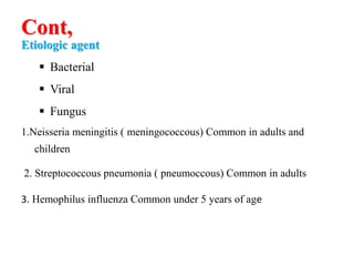 Cont,
Etiologic agent
 Bacterial
 Viral
 Fungus
1.Neisseria meningitis ( meningococcous) Common in adults and
children
2. Streptococcous pneumonia ( pneumoccous) Common in adults
3. Hemophilus influenza Common under 5 years of age
 
