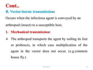 Cont..
B. Vector-borne transmission:
Occurs when the infectious agent is conveyed by an
arthropod (insect) to a susceptible host.
1. Mechanical transmission:
 The arthropod transports the agent by soiling its feet
or proboscis, in which case multiplication of the
agent in the vector does not occur. (e.g.common
house fly.)
By zinabu D 26
 