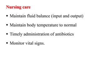 Nursing care
 Maintain fluid balance (input and output)
 Maintain body temperature to normal
 Timely administration of antibiotics
 Monitor vital signs.
 