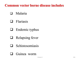 Common vector borne disease includes
 Malaria
 Flariasis
 Endemic typhus
 Relapsing fever
 Schistosomiasis
 Guinea worm
326
Zinabu D
 