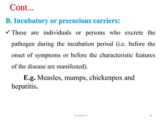 Cont...
B. Incubatory or precocious carriers:
 These are individuals or persons who excrete the
pathogen during the incubation period (i.e. before the
onset of symptoms or before the characteristic features
of the disease are manifested).
E.g. Measles, mumps, chickenpox and
hepatitis.
By zinabu D 34
 