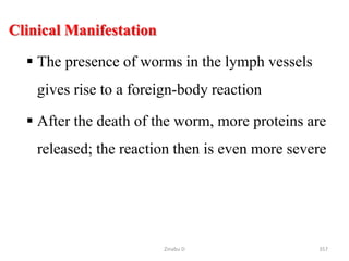 Clinical Manifestation
 The presence of worms in the lymph vessels
gives rise to a foreign-body reaction
 After the death of the worm, more proteins are
released; the reaction then is even more severe
357
Zinabu D
 