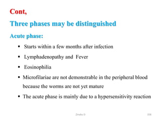 Cont,
Three phases may be distinguished
Acute phase:
 Starts within a few months after infection
 Lymphadenopathy and Fever
 Eosinophilia
 Microfilariae are not demonstrable in the peripheral blood
because the worms are not yet mature
 The acute phase is mainly due to a hypersensitivity reaction
358
Zinabu D
 