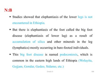 N:B
 Studies showed that elephantiasis of the lower legs is not
encountered in Ethiopia.
 But there is elephantiasis of the foot called the big foot
disease (elephantiasis of lower leg) as a result of
accumulation of silica and other minerals in the leg
(lymphatics) mostly occurring in bare-footed individuals.
 This big foot disease is named podoconiosis, which is
common in the eastern high lands of Ethiopia (Wolayita,
Gojjam, Gondar, Gedeo, Sidamo, etc.)
368
Zinabu D
 