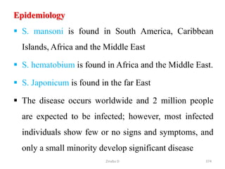 Epidemiology
 S. mansoni is found in South America, Caribbean
Islands, Africa and the Middle East
 S. hematobium is found in Africa and the Middle East.
 S. Japonicum is found in the far East
 The disease occurs worldwide and 2 million people
are expected to be infected; however, most infected
individuals show few or no signs and symptoms, and
only a small minority develop significant disease
374
Zinabu D
 