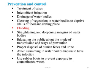 Prevention and control
 Treatment of cases
 Intermittent irrigation
 Drainage of water bodies
 Clearing of vegetation in water bodies to deprive
snails of food and resting place
 Flooding
 Straightening and deepening margins of water
bodies
 Educating the public about the mode of
transmission and ways of prevention
 Proper disposal of human feces and urine
 Avoid swimming in water bodies known to have
the infection
 Use rubber boots to prevent exposure to
contaminated water.
387
Zinabu D
 