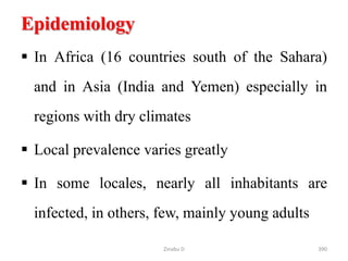 Epidemiology
 In Africa (16 countries south of the Sahara)
and in Asia (India and Yemen) especially in
regions with dry climates
 Local prevalence varies greatly
 In some locales, nearly all inhabitants are
infected, in others, few, mainly young adults
390
Zinabu D
 