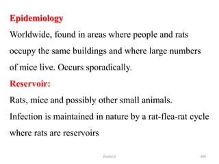Epidemiology
Worldwide, found in areas where people and rats
occupy the same buildings and where large numbers
of mice live. Occurs sporadically.
Reservoir:
Rats, mice and possibly other small animals.
Infection is maintained in nature by a rat-flea-rat cycle
where rats are reservoirs
399
Zinabu D
 