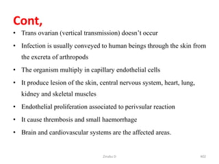 Cont,
• Trans ovarian (vertical transmission) doesn’t occur
• Infection is usually conveyed to human beings through the skin from
the excreta of arthropods
• The organism multiply in capillary endothelial cells
• It produce lesion of the skin, central nervous system, heart, lung,
kidney and skeletal muscles
• Endothelial proliferation associated to perivsular reaction
• It cause thrembosis and small haemorrhage
• Brain and cardiovascular systems are the affected areas.
Zinabu D 402
 