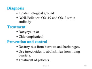Diagnosis
 Epidemiological ground
 Weil-Felix test OX-19 and OX-2 strain
antibody
Treatment
 Doxycyclin or
 Chloramphenicol
Prevention and control
 Destroy rats from burrows and harborages.
 Use insecticides to abolish flea from living
quarters.
 Treatment of patients.
408
Zinabu D
 