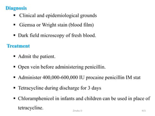 Diagnosis
 Clinical and epidemiological grounds
 Giemsa or Wright stain (blood film)
 Dark field microscopy of fresh blood.
Treatment
 Admit the patient.
 Open vein before administering penicillin.
 Administer 400,000-600,000 IU procaine penicillin IM stat
 Tetracycline during discharge for 3 days
 Chloramphenicol in infants and children can be used in place of
tetracycline. 415
Zinabu D
 