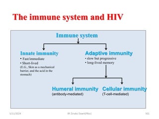 The immune system and HIV
5/11/2024 501
Immune system
Innate immunity
• Fast/immediate
• Short-lived
(E.G., Skin as a mechanical
barrier, and the acid in the
stomach)
Humeral immunity
(antibody-mediated)
Adaptive immunity
• slow but progressive
• long-lived memory
Cellular immunity
(T-cell-mediated)
BY Zinabu Dawit(PBsc)
 