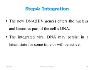 Step4: Integration
5/11/2024 508
 The new DNA(HIV genes) enters the nucleus
and becomes part of the cell’s DNA.
 The integrated viral DNA may persist in a
latent state for some time or will be active.
BY Zinabu Dawit(PBsc)
 