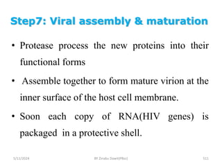 Step7: Viral assembly & maturation
5/11/2024 511
• Protease process the new proteins into their
functional forms
• Assemble together to form mature virion at the
inner surface of the host cell membrane.
• Soon each copy of RNA(HIV genes) is
packaged in a protective shell.
BY Zinabu Dawit(PBsc)
 