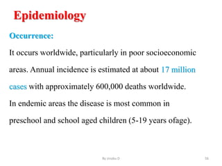 Epidemiology
Occurrence:
It occurs worldwide, particularly in poor socioeconomic
areas. Annual incidence is estimated at about 17 million
cases with approximately 600,000 deaths worldwide.
In endemic areas the disease is most common in
preschool and school aged children (5-19 years ofage).
By zinabu D 56
 