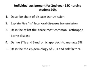 Individual assignment for 2nd year BSC nursing
student 20%
1. Describe chain of disease transmission
2. Explain Five “fs” fecal oral diseases transmission
3. Describe at list the three most common arthropod
borne disease
4. Define STIs and Syndromic approach to manage STI
5. Describe the epidemiology of STIs and risk factors.
By zinabu D 578
 