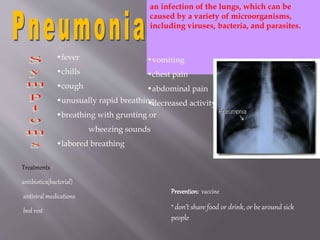 an infection of the lungs, which can be
caused by a variety of microorganisms,
including viruses, bacteria, and parasites.
•fever
•chills
•cough
•unusually rapid breathing
•breathing with grunting or
wheezing sounds
•labored breathing
•vomiting
•chest pain
•abdominal pain
•decreased activity
Treatments :
antibiotics(bacterial)
antiviral medications
bed rest
Prevention: vaccine
* don’t share food or drink, or be around sick
people
 