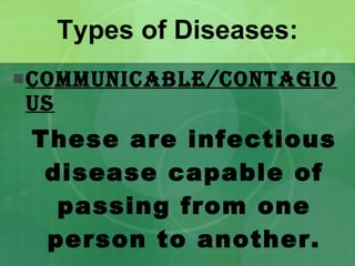 Types of Diseases: COMMUNICABLE/CONTAGIOUS These are infectious disease capable of passing from one person to another. 