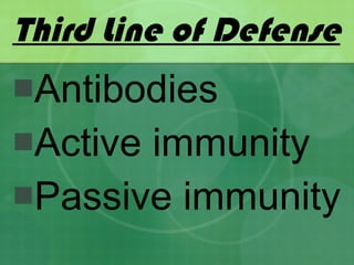 Third Line of Defense Antibodies Active immunity Passive immunity 