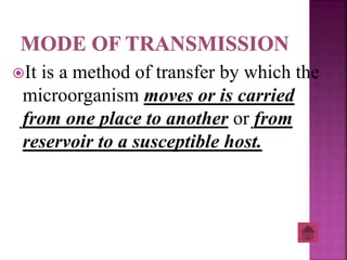 It is a method of transfer by which the
microorganism moves or is carried
from one place to another or from
reservoir to a susceptible host.
 