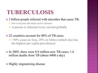  2 billion people infected with microbes that cause TB.
 Not everyone develops active disease
 A person is infected every second globally
 22 countries account for 80% of TB cases.
 >50% cases in Asia, 28% in Africa (which also has
the highest per capita prevalence)
 In 2005, there were 8.8 million new TB cases; 1.6
million deaths from TB (about 4400 a day)
 Highly stigmatizing disease
 