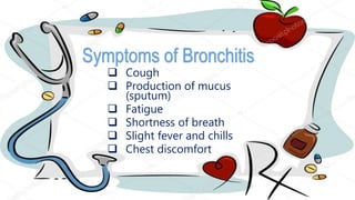 Symptoms of Bronchitis
 Cough
 Production of mucus
(sputum)
 Fatigue
 Shortness of breath
 Slight fever and chills
 Chest discomfort
 