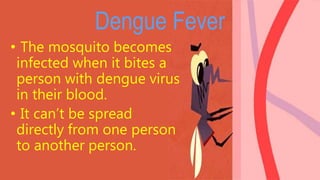 Dengue Fever
• The mosquito becomes
infected when it bites a
person with dengue virus
in their blood.
• It can’t be spread
directly from one person
to another person.
 