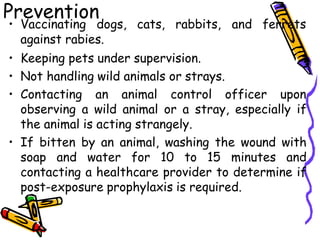 Prevention
• Vaccinating dogs, cats, rabbits, and ferrets
against rabies.
• Keeping pets under supervision.
• Not handling wild animals or strays.
• Contacting an animal control officer upon
observing a wild animal or a stray, especially if
the animal is acting strangely.
• If bitten by an animal, washing the wound with
soap and water for 10 to 15 minutes and
contacting a healthcare provider to determine if
post-exposure prophylaxis is required.
 