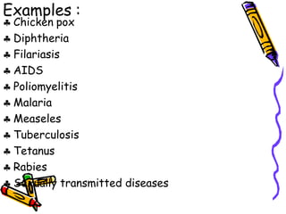 Examples :
 Chicken pox
 Diphtheria
 Filariasis
 AIDS
 Poliomyelitis
 Malaria
 Measeles
 Tuberculosis
 Tetanus
 Rabies
 Sexually transmitted diseases
 
