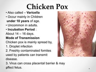 Chicken Pox
• Also called – Varicella
• Occur mainly in Children
under 10 years of age.
• Uncommon in adults.
• Incubation Period :
About 14 – 16 days.
Mode of Transmission
Chicken pox is mainly spread by,
1. Droplet infection
2. Freshly contaminated fomites
used by patients can transmit
disease.
3. Virus can cross placental barrier & may
affect fetus.
 