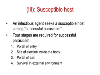 (III): Susceptible host
• An infectious agent seeks a susceptible host
aiming “successful parasitism”.
• Four stages are required for successful
parasitism:
1. Portal of entry
2. Site of election inside the body
3. Portal of exit
4. Survival in external environment
 