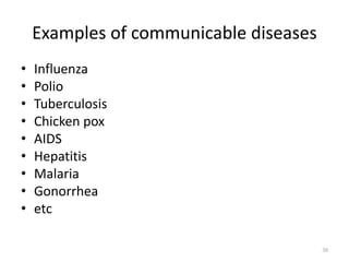 Examples of communicable diseases
• Influenza
• Polio
• Tuberculosis
• Chicken pox
• AIDS
• Hepatitis
• Malaria
• Gonorrhea
• etc
30
 