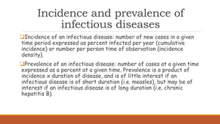 Incidence and prevalence of
infectious diseases
Incidence of an infectious disease: number of new cases in a given
time period expressed as percent infected per year (cumulative
incidence) or number per person time of observation (incidence
density).
Prevalence of an infectious disease: number of cases at a given time
expressed as a percent at a given time. Prevalence is a product of
incidence x duration of disease, and is of little interest if an
infectious disease is of short duration (i.e. measles), but may be of
interest if an infectious disease is of long duration (i.e. chronic
hepatitis B).
 