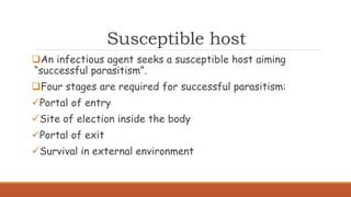 Susceptible host
An infectious agent seeks a susceptible host aiming
“successful parasitism”.
Four stages are required for successful parasitism:
Portal of entry
Site of election inside the body
Portal of exit
Survival in external environment
 