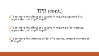 TPR (cont.)
To estimate the effect of a vaccine in reducing susceptibility,
compare the ratio of p10 to p00.
To estimate the effect of a vaccine in reducing infectiousness,
compare the ratio of p01 to p00.
To estimate the combined effect of a vaccine, compare the ratio of
p11 to p00.
 