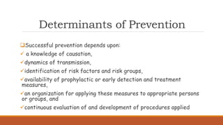 Determinants of Prevention
Successful prevention depends upon:
 a knowledge of causation,
dynamics of transmission,
identification of risk factors and risk groups,
availability of prophylactic or early detection and treatment
measures,
an organization for applying these measures to appropriate persons
or groups, and
continuous evaluation of and development of procedures applied
 