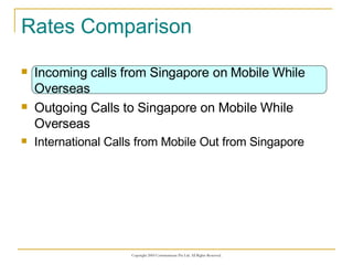 Rates Comparison Incoming calls from Singapore on Mobile While Overseas Outgoing Calls to Singapore on Mobile While Overseas International Calls from Mobile Out from Singapore 