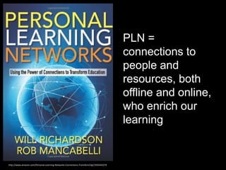 PLN =
connections to
people and
resources, both
offline and online,
who enrich our
learning
http://www.amazon.com/Personal-Learning-Networks-Connections-Transform/dp/193554327X
 