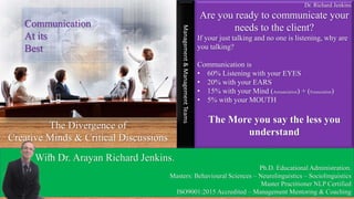With Dr. Arayan Richard Jenkins.
Ph.D. Educational Administration.
Masters: Behavioural Sciences – Neurolinguistics – Sociolinguistics
Master Practitioner NLP Certified
ISO9001:2015 Accredited – Management Mentoring & Coaching
Management&ManagementTeams
Dr. Richard Jenkins
Are you ready to communicate your
needs to the client?
If your just talking and no one is listening, why are
you talking?
Communication is
• 60% Listening with your EYES
• 20% with your EARS
• 15% with your Mind (Annunciation) + (Enunciation)
• 5% with your MOUTH
The More you say the less you
understand
The Divergence of
Creative Minds & Critical Discussions
Communication
At its
Best
 