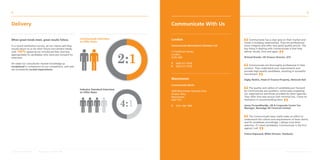 8                                                                                                                                                                                                   9


Delivery                                                                                         Communicate With Us

When great minds meet, great results follow.                 Communicate Interview               London                                  	   Communicate has a clear grip on their market and
                                                             to Offer Ratio                                                              invest in building relationships. They are professional,
In a recent satisfaction survey, all our clients said they                                       Communicate Recruitment Solutions Ltd   show integrity and offer very good quality service. The
would return to us for their future recruitment needs,                                                                                   key thing in dealing with Communicate is that they
with 100% agreeing we introduced their business                                                  17 Godliman Street,                     deliver results, time and again.



                                                                                           2:1
appropriately to candidates who were put forward for                                             London,
interview.                                                                                       EC4V 5BD                                Richard Brooks, UK Finance Director, DTZ

All rated our consultants’ market knowledge as                                                   T.	 0203 617 9730
                                                                                                 F.	 0203 617 9729                       	   Communicate are thoroughly professional in their
exceptional in comparison to our competitors, and said
                                                                                                                                         conduct. They understand your requirements and
we consistently exceed expectations.
                                                                                                                                         provide high quality candidates, resulting in successful
                                                                                                                                         recruitment.
                                                                                                 Manchester                              Digby Nicklin, Head of Finance-Property, Network Rail

                                                                                                 Communicate North
                                                                                                                                         	   The quality and calibre of candidates put forward
                                                             Industry Standard Interview
                                                                                                 3000 Manchester Business Park,          by Communicate are excellent, continually surpassing
                                                             to Offer Ratio
                                                                                                 Aviator Way,                            our expectations and those provided by other agencies.
                                                                                                 Manchester,                             They offer first-rate service with minimal fuss. I have no


                                                                                           4:1
                                                                                                 M22 5TG                                 hesitation in recommending them.

                                                                                                 T.	 0161 266 1899                       Jenny Purwodihardjo, UK & Corporate Centre Tax
                                                                                                                                         Manager, Newedge UK Financial Limited


                                                                                                                                         	   The Communicate team really make an effort to
                                                                                                                                         understand the culture and requirements of their clients
                                                                                                                                         and fit candidates accordingly. I always trust their
                                                                                                                                         selection. If I need candidates, Communicate is the first
                                                                                                                                         agency I call.

                                                                                                                                         Emma Hopwood, BP&A Director, Starbucks




London: 0203 617 9730    Manchester: 0161 266 1899                                                                                                                             www.communicate-rs.com
 