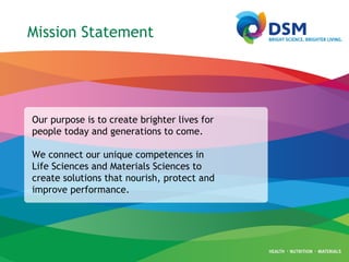 Our purpose is to create brighter lives for people today and generations to come. We connect our unique competences in Life Sciences and Materials Sciences to create solutions that nourish, protect and improve performance. Mission Statement 