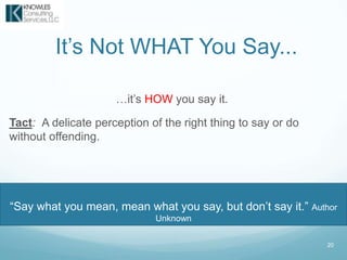 It’s Not WHAT You Say...
…it’s HOW you say it.
Tact: A delicate perception of the right thing to say or do
without offending.
20
“Say what you mean, mean what you say, but don’t say it.” Author
Unknown
 