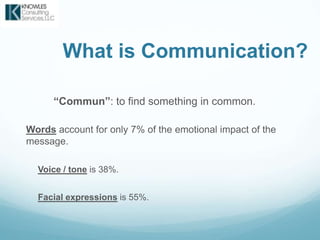 What is Communication?
“Commun”: to find something in common.
Words account for only 7% of the emotional impact of the
message.
Voice / tone is 38%.
Facial expressions is 55%.
 