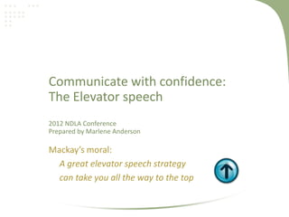 Elevator Speech - defined
An elevator speech is a brief presentation that introduces a
product, service, philosophy, or an...