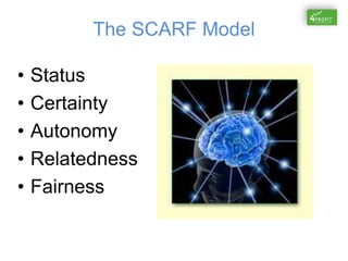 The SCARF Model
• Status
• Certainty
• Autonomy
• Relatedness
• Fairness
 