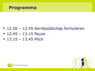 Programma 12.00 – 12.45 Kernboodschap formuleren 12.45 – 13.15 Pauze 13.15 – 13.45 Pitch 