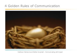 4 Golden Rules of Communication
Kathleen Holmlund and Melitta Campbell – Communicating with Impact
 
