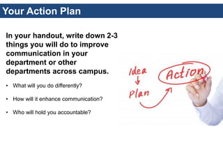 Your Action Plan 
In your handout, write down 2-3 things you will do to improve communication in your department or other ...